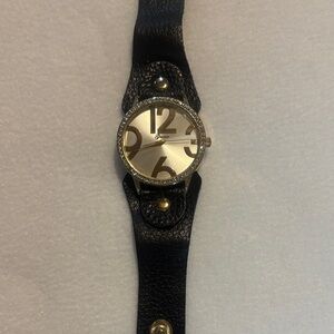Black faux  Leather Watch with Gold Accents and CZ  stones
